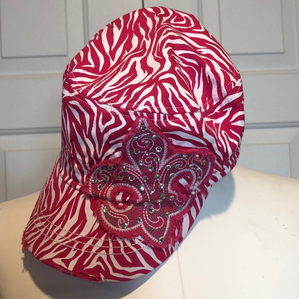 Fluer De Lis Crystal & Pink Zebra Patterned Hat